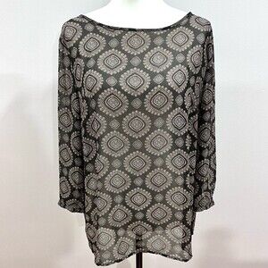 Loft long sleeve black and pink print semi sheer top size large